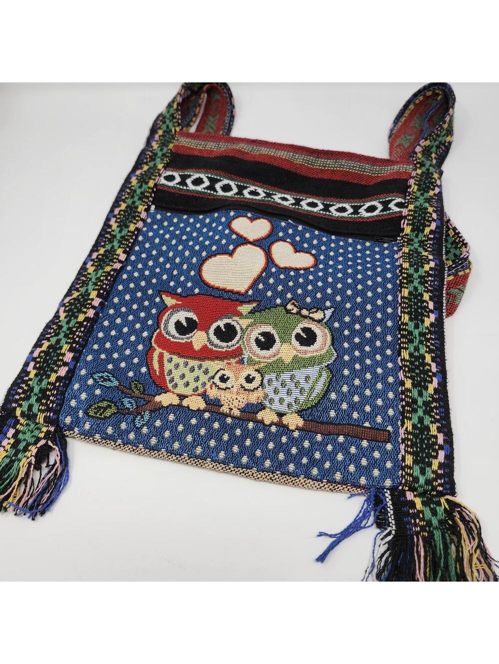 Colorful Owl Tapestry Crossbody Bag Boho Fringe Purse